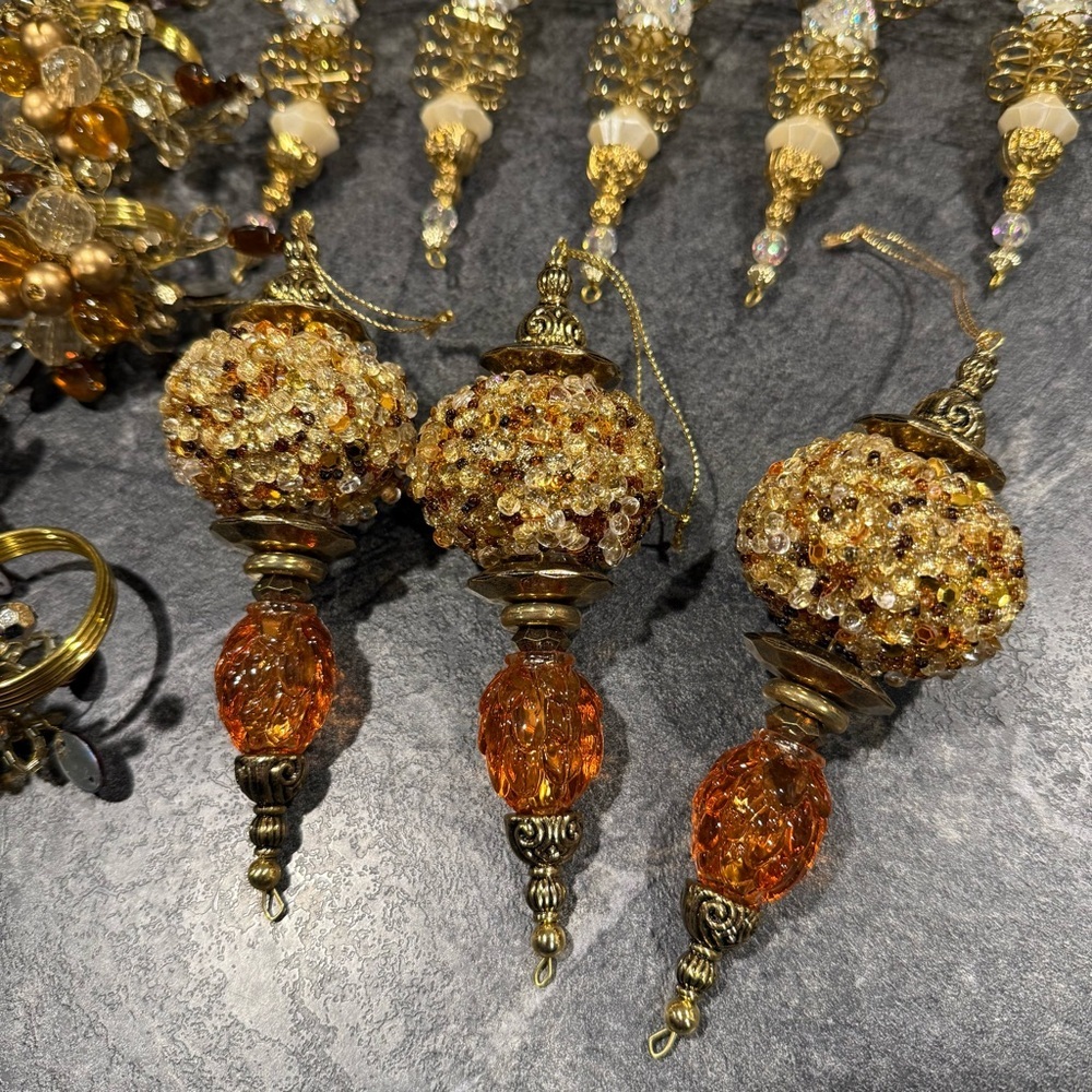 Ornate intricate beaded icicle ornaments gold LOT 8 + 6 napkin rings Christmas - Picture 3 of 9